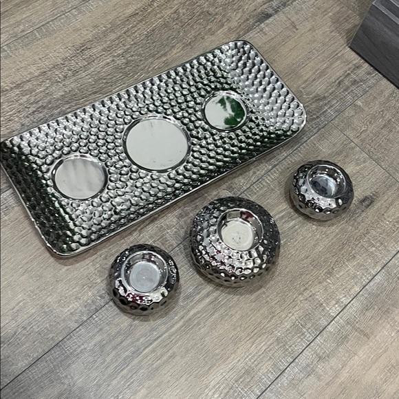 Silver Ceramic Tray with 3 Candle Holders  EUC Like New - Picture 4 of 8